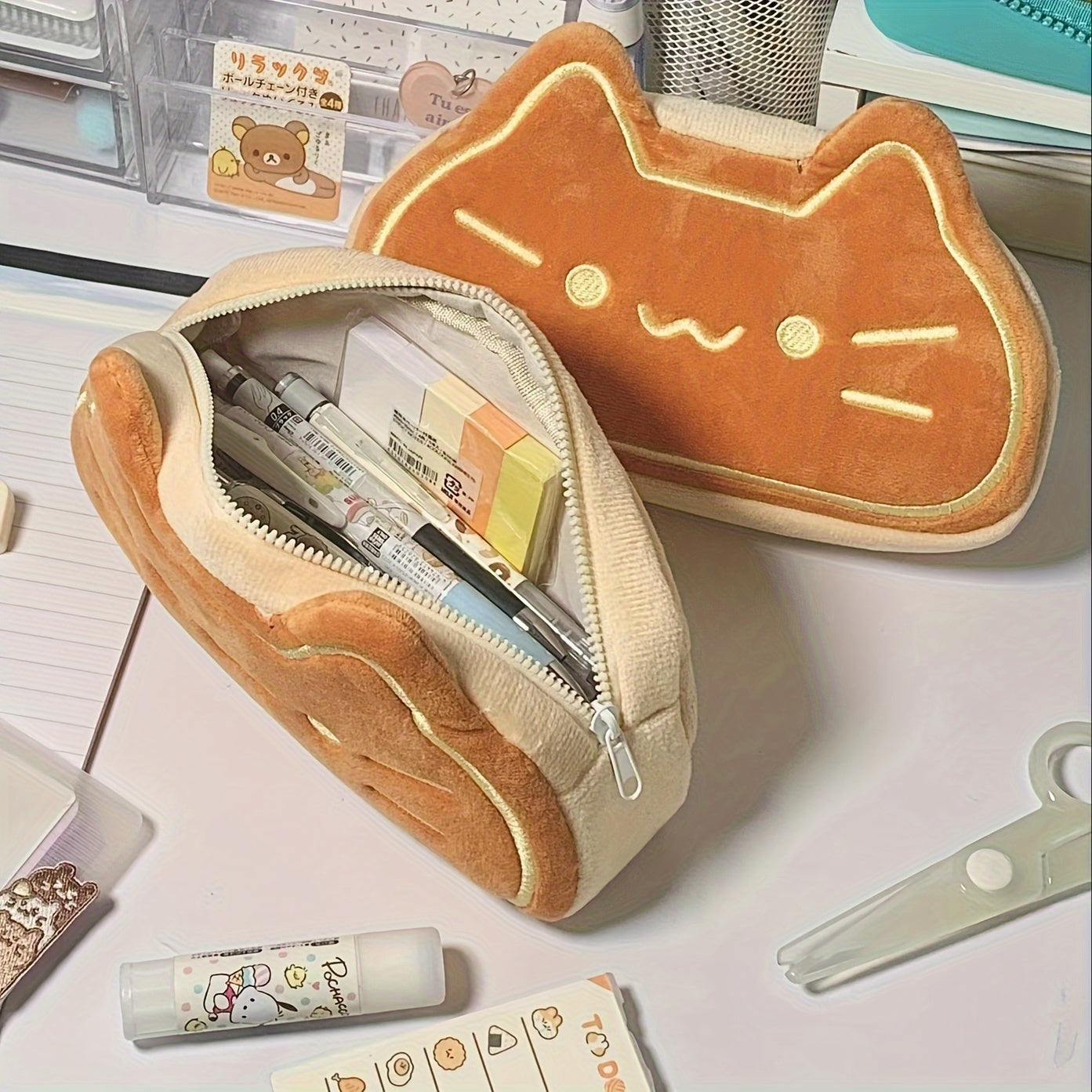 Caramel Cat Plush Pen Case Large Capacity Pencil Pouch for Kids, Cute Birthday Gift for Students