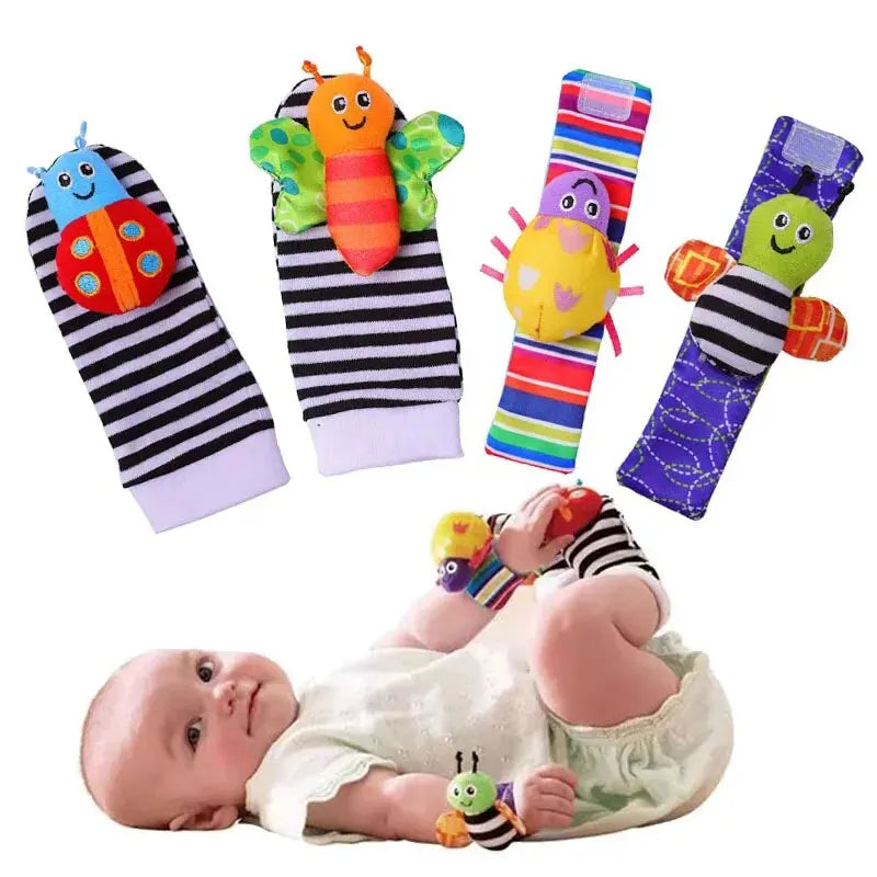 4PCS Baby Rattle Toy Set Animal Wrist Straps & Foot Socks for 0β12 Months Soft & Sensory Development Toys