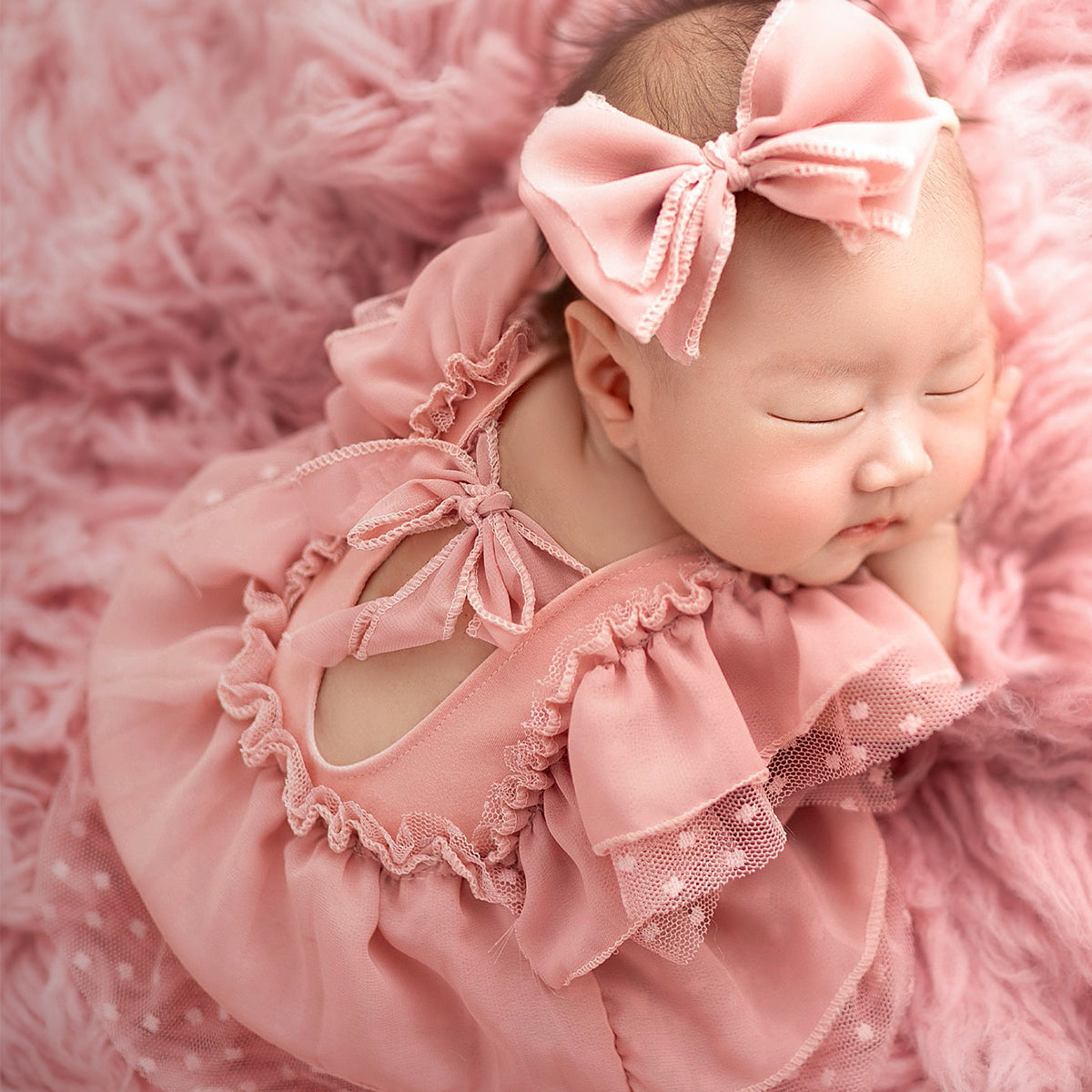 2-Piece Dusty Pink Chiffon Newborn Romper & Bow Hairband Lace Baby Photography Outfit