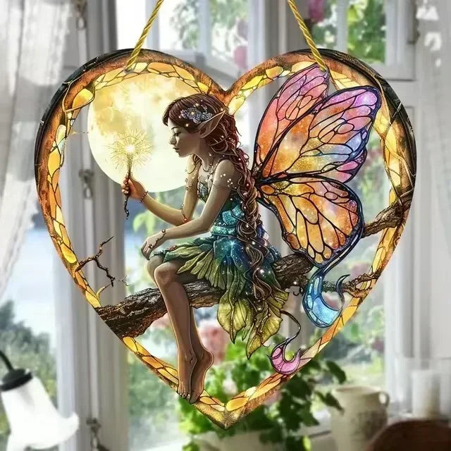 Magical Fairy Night Suncatcher Stained Glass Acrylic Heart Wall Hanging for Home & Garden Decor (2025 Edition)