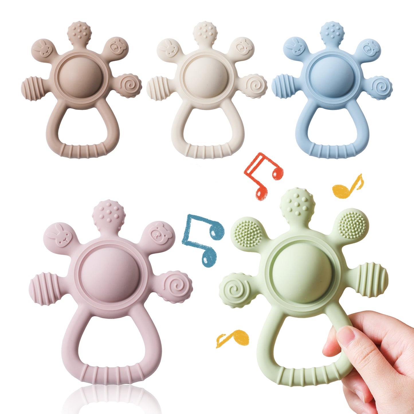 Baby Silicone Teether Rattle Food Grade Sensory Toy & Soothing Hand Bell for Infants 0-12M