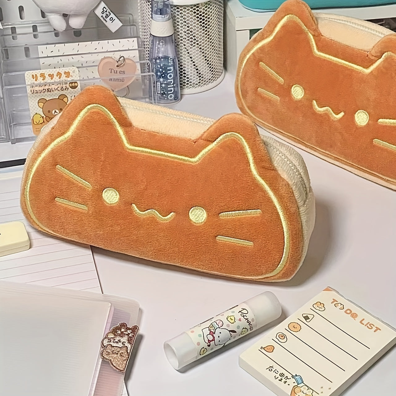 Caramel Cat Plush Pen Case Large Capacity Pencil Pouch for Kids, Cute Birthday Gift for Students