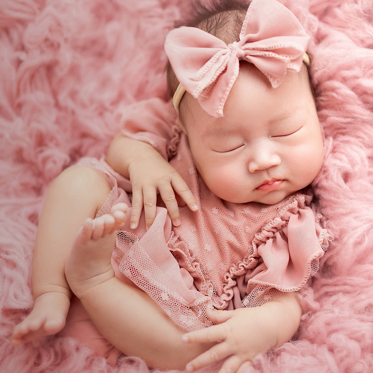 2-Piece Dusty Pink Chiffon Newborn Romper & Bow Hairband Lace Baby Photography Outfit