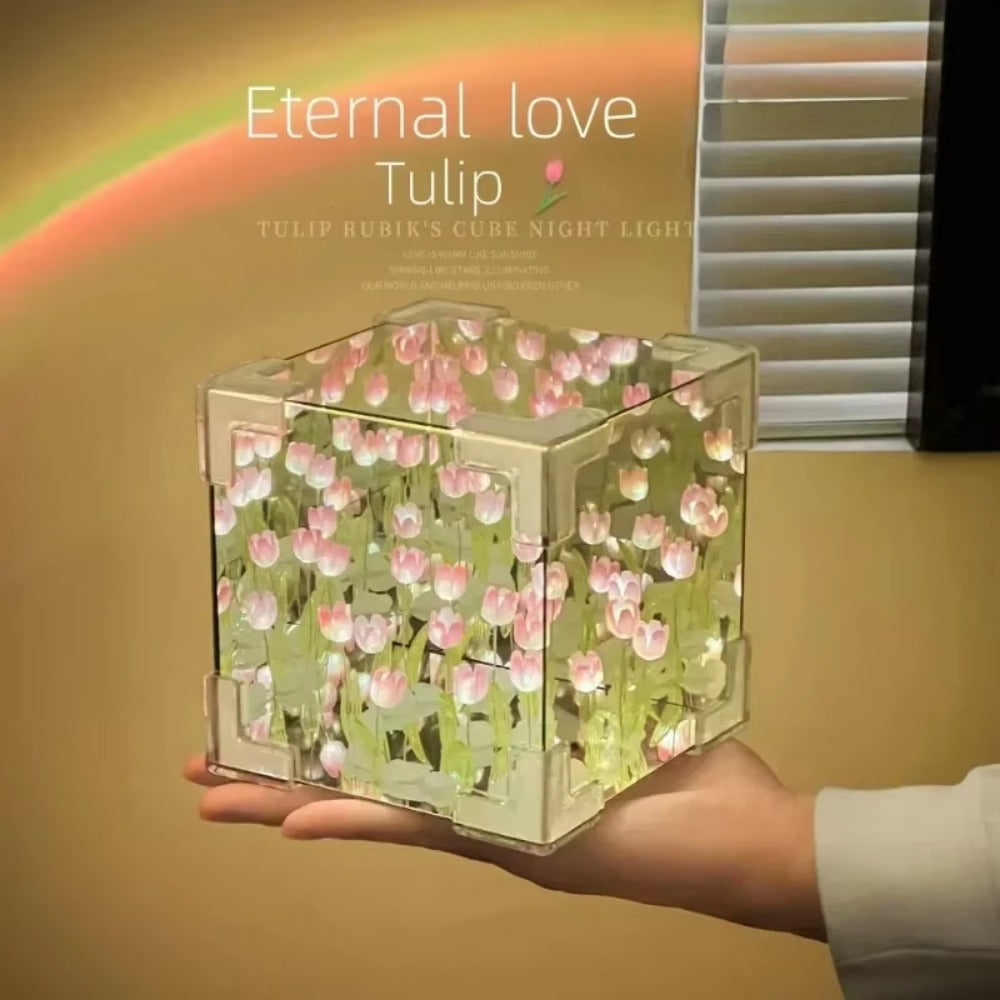DIY Tulip Mirror Cube Lamp Handmade Romantic Flower Table Light for Home & Gifts