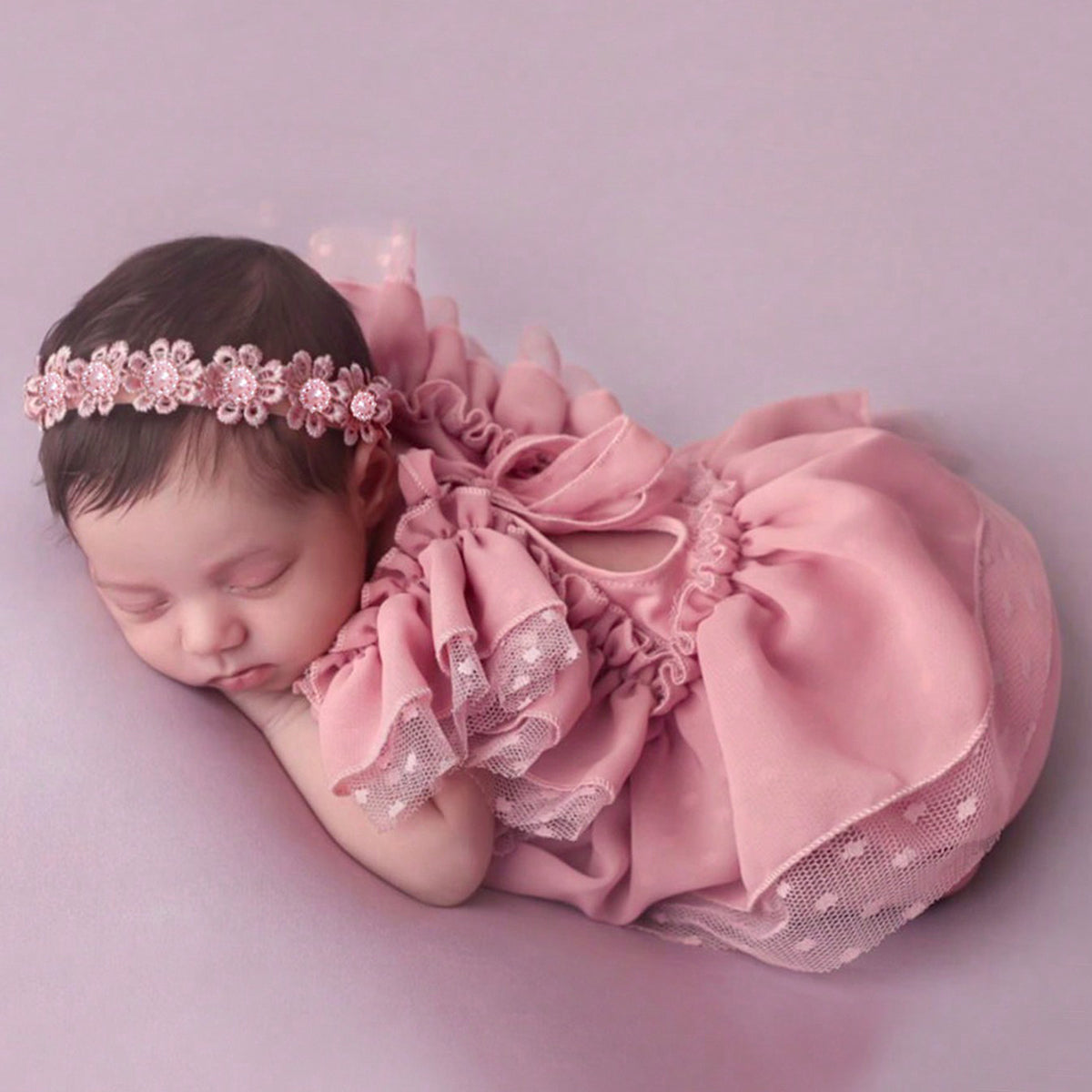 2-Piece Dusty Pink Chiffon Newborn Romper & Bow Hairband Lace Baby Photography Outfit