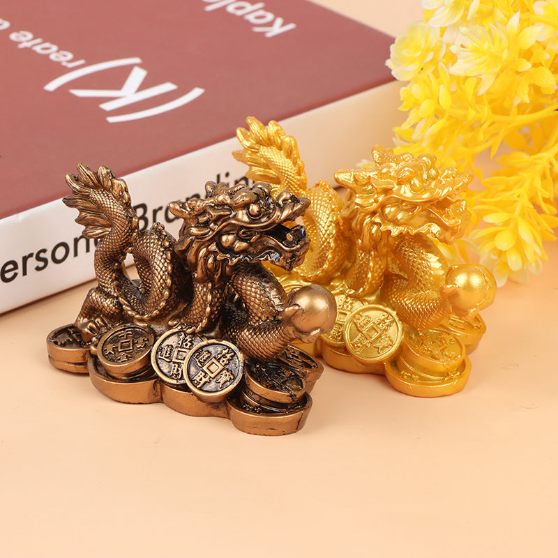 Chinese Lucky Golden Wealth Dragon Statuette Feng Shui Resin Sculpture for Home, Office & Desktop Decoration