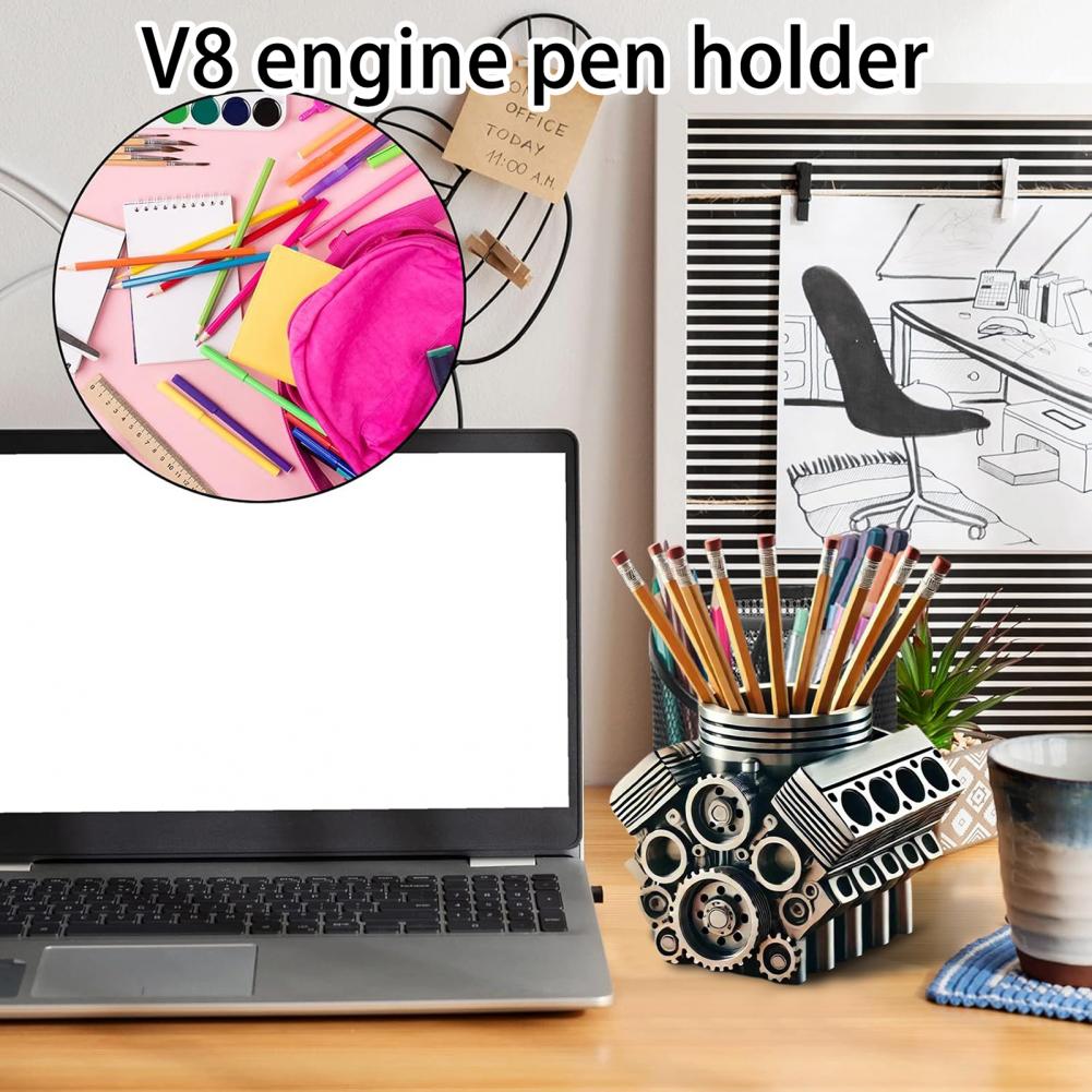 Resin V8 Car Engine Pen Holder Unique Stationery Organizer & Desktop Auto Engine Decor