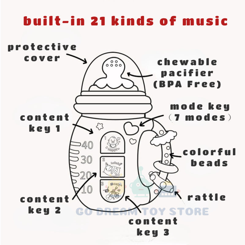 Baby Musical Feeding Bottle Rattle Soft Pacifier Teether & Educational Toy for Newborns 0-12M