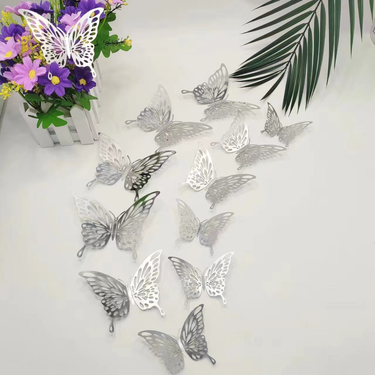 12Pcs 3D Silver Hollow Butterfly Wall Stickers Metallic Party, Balloon & Home Decor Set