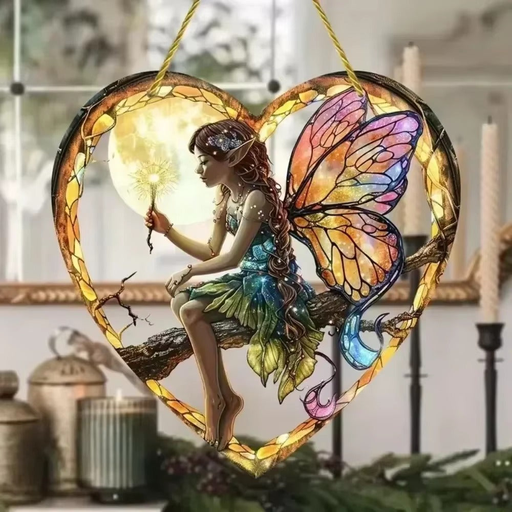 Magical Fairy Night Suncatcher Stained Glass Acrylic Heart Wall Hanging for Home & Garden Decor (2025 Edition)