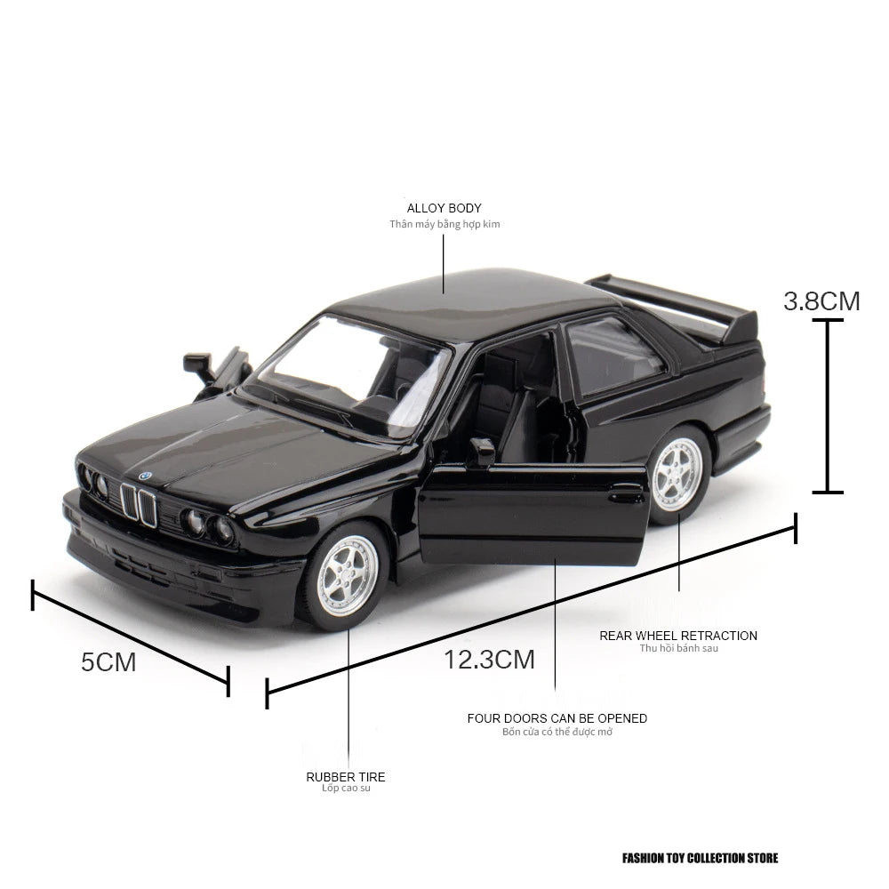 1:36 M3 1987 Diecast Alloy Sports Car Model – Pull Back Metal Simulation Toy with Opening Doors, Collectible Ornament & Kids Gift