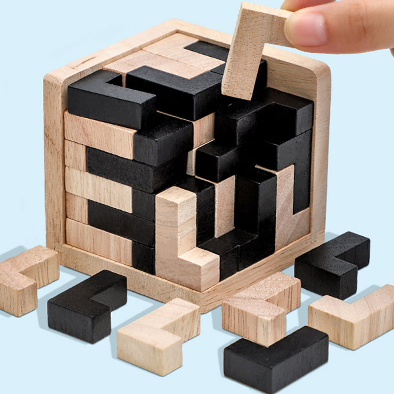 3D Wooden Cube Puzzle Luban Interlocking Educational Brain Teaser Toy for Kids