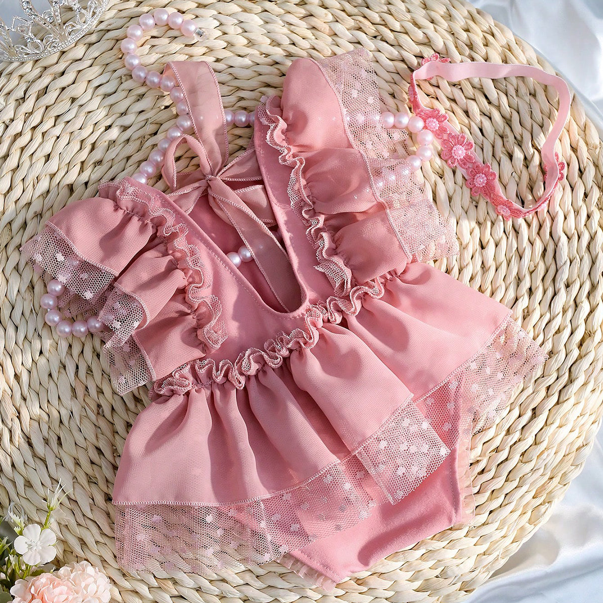 2-Piece Dusty Pink Chiffon Newborn Romper & Bow Hairband Lace Baby Photography Outfit