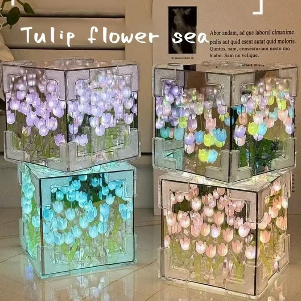 DIY Tulip Mirror Cube Lamp Handmade Romantic Flower Table Light for Home & Gifts