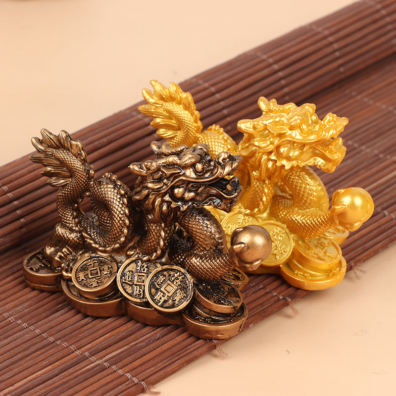 Chinese Lucky Golden Wealth Dragon Statuette Feng Shui Resin Sculpture for Home, Office & Desktop Decoration