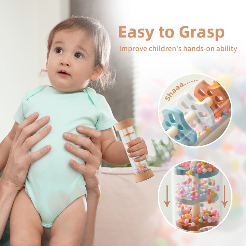 Montessori Baby Rain Stick Rainbow Hourglass Sensory Rattle & Educational Toy