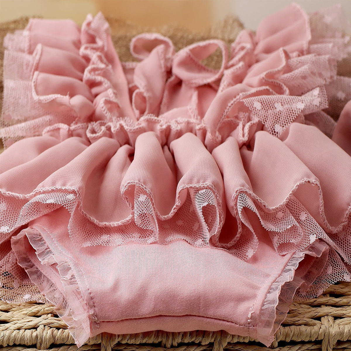 2-Piece Dusty Pink Chiffon Newborn Romper & Bow Hairband Lace Baby Photography Outfit
