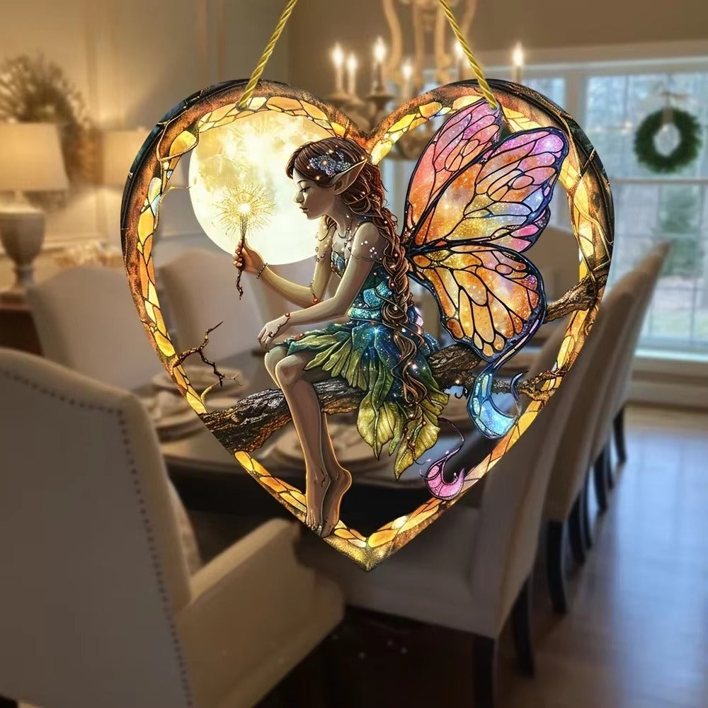 Magical Fairy Night Suncatcher Stained Glass Acrylic Heart Wall Hanging for Home & Garden Decor (2025 Edition)