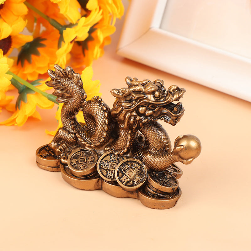 Chinese Lucky Golden Wealth Dragon Statuette Feng Shui Resin Sculpture for Home, Office & Desktop Decoration