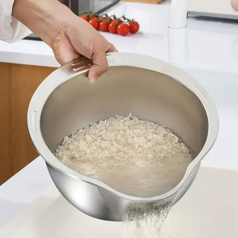 Stainless Steel 304 Rice Washer & Strainer Bowl – Multi-Purpose Colander for Washing Rice, Fruits & Vegetables