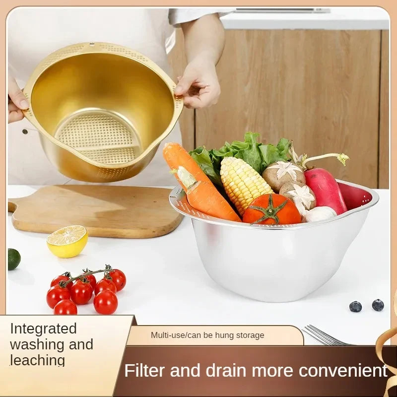 Stainless Steel 304 Rice Washer & Strainer Bowl – Multi-Purpose Colander for Washing Rice, Fruits & Vegetables