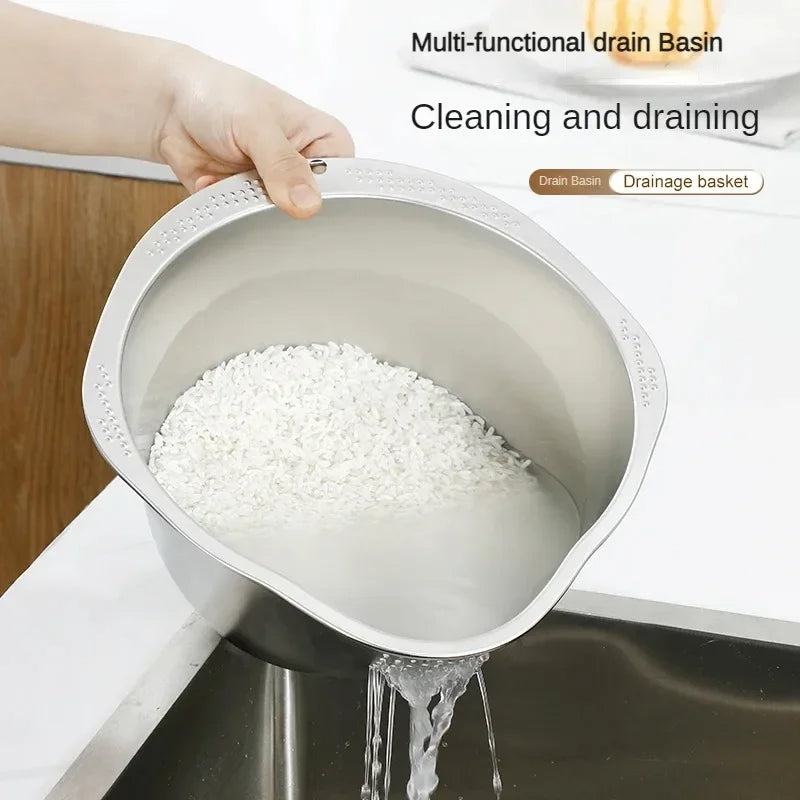 Stainless Steel 304 Rice Washer & Strainer Bowl – Multi-Purpose Colander for Washing Rice, Fruits & Vegetables