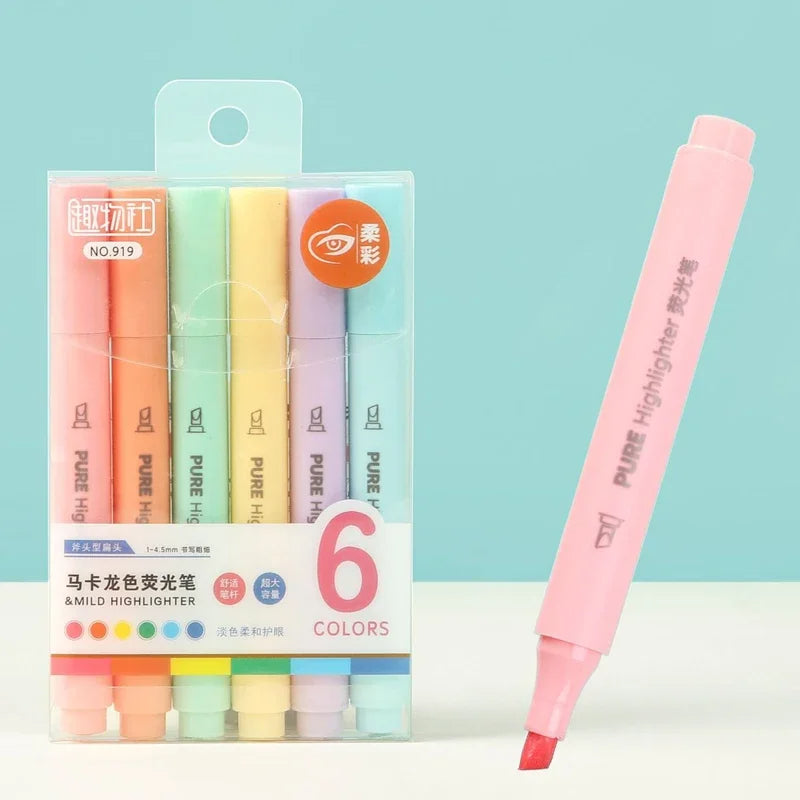 6-Pcs Pastel Macaron Highlighter Pen Set Cute Fluorescent Markers for School & Drawing