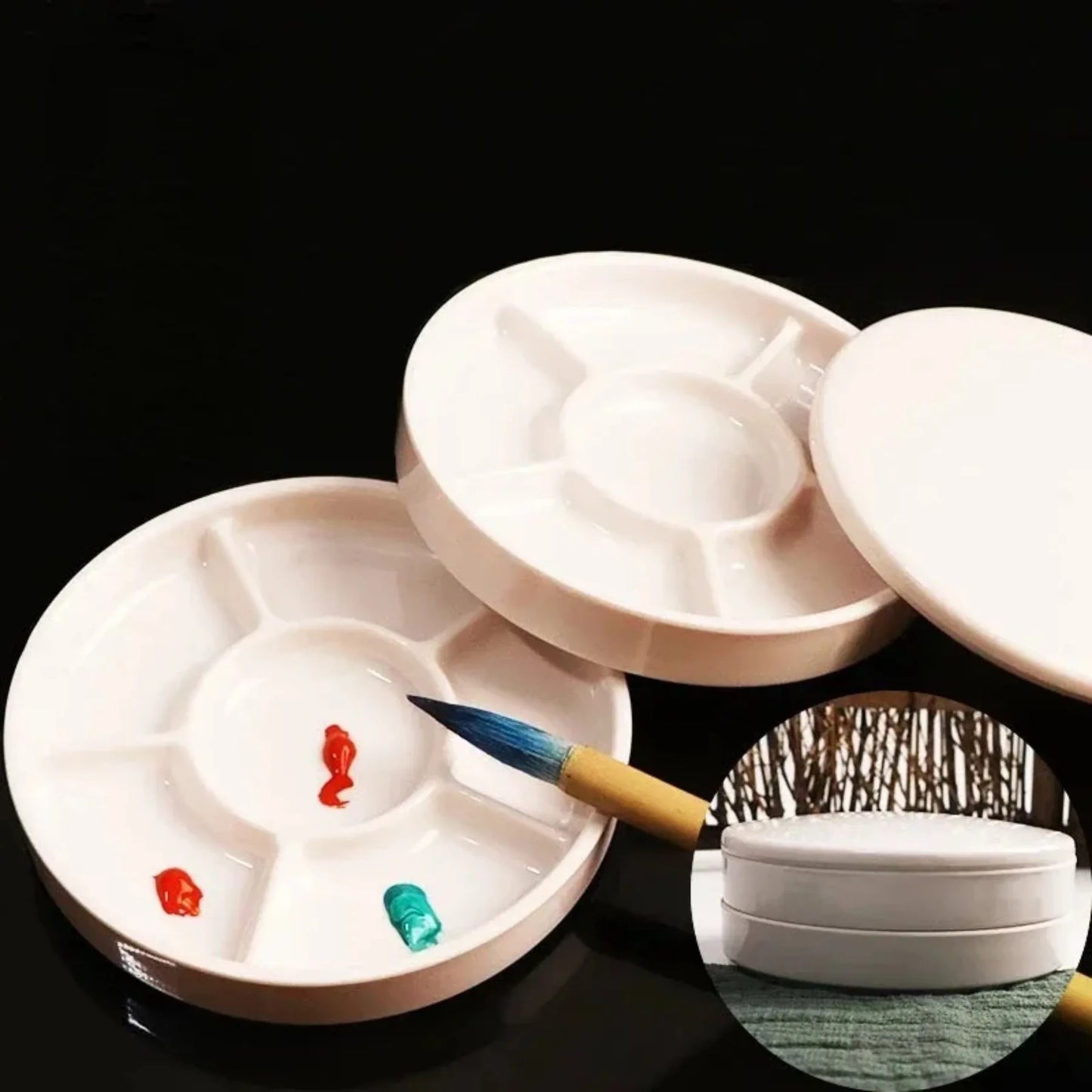 Imitation Porcelain Round Paint Palette with Lid White Tray for Acrylic & Watercolor Painting