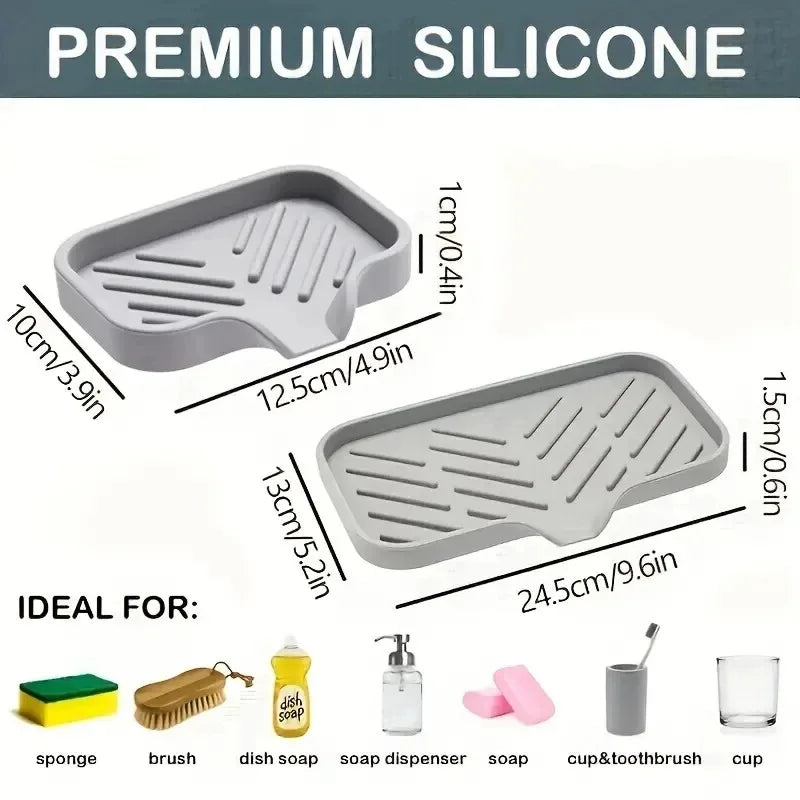 Silicone Sink Tray with Drain Soap, Sponge & Brush Holder for Kitchen Countertop Organization