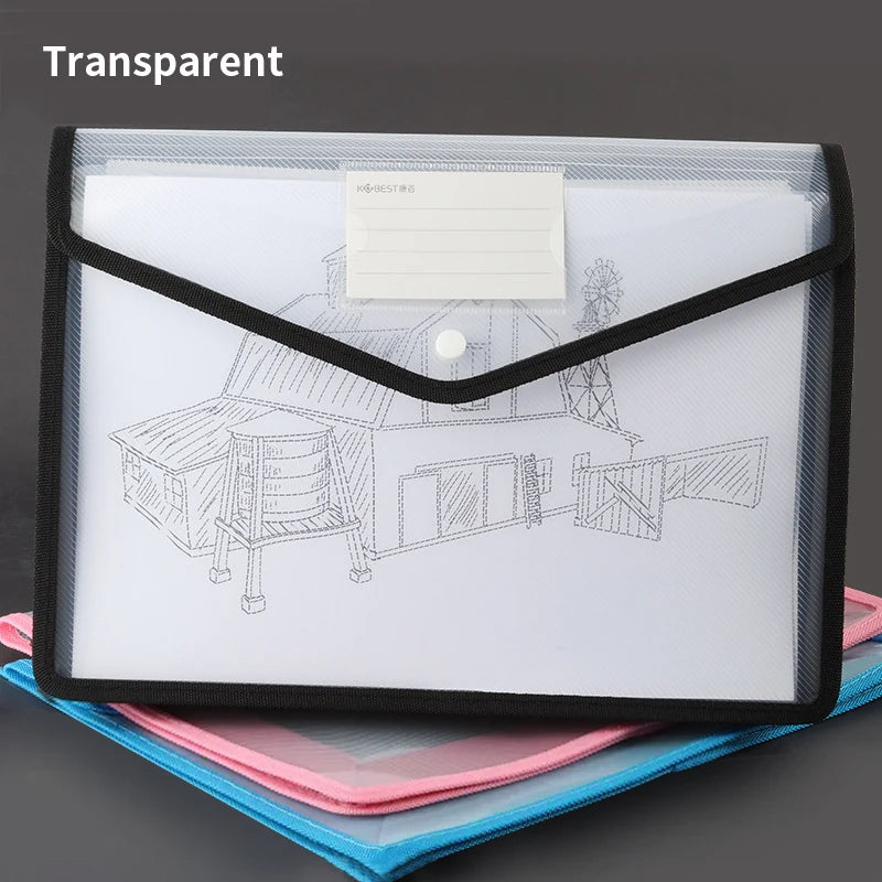 Large Capacity Waterproof Transparent A4 File Folder Press Button Plastic Document Storage Bag for Office & School