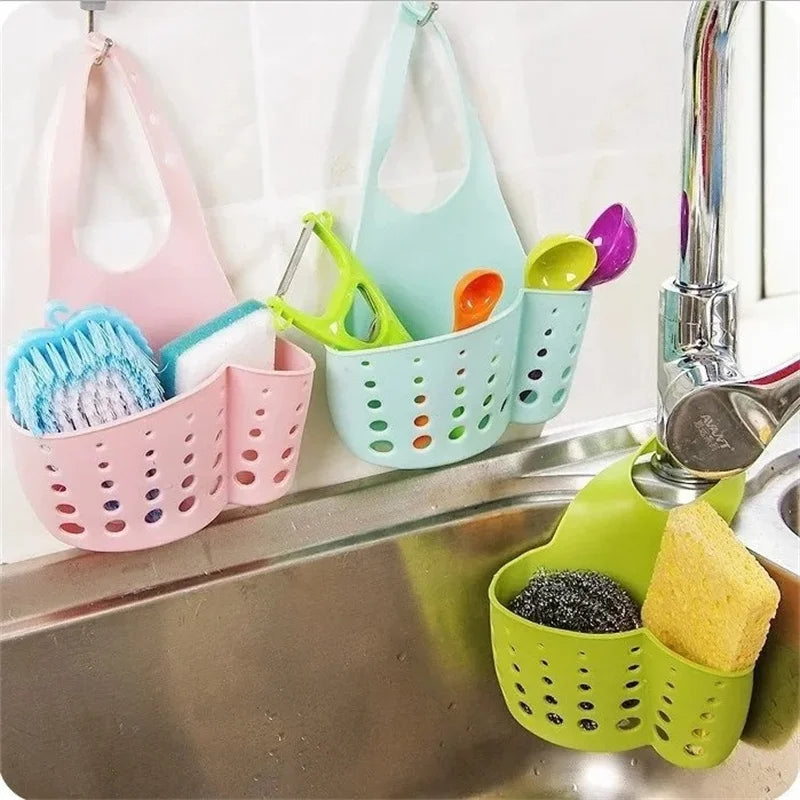 Adjustable Kitchen Sink Drain Basket Hanging Soap & Sponge Holder for Home Storage