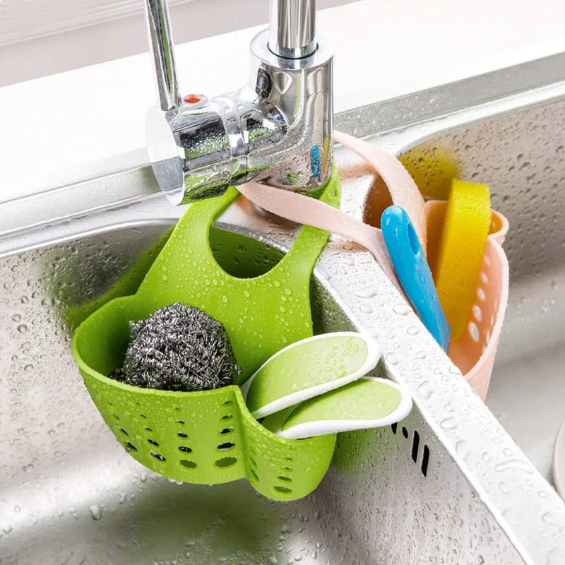 Adjustable Kitchen Sink Drain Basket Hanging Soap & Sponge Holder for Home Storage