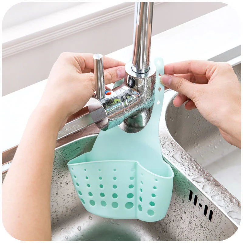 Adjustable Kitchen Sink Drain Basket Hanging Soap & Sponge Holder for Home Storage