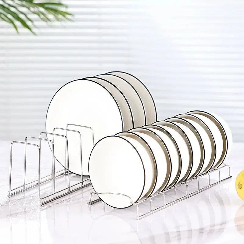 Stainless Steel Dish Rack Kitchen Bowl & Plate Organizer with Pot Lid Holder for Home Cutlery Storage