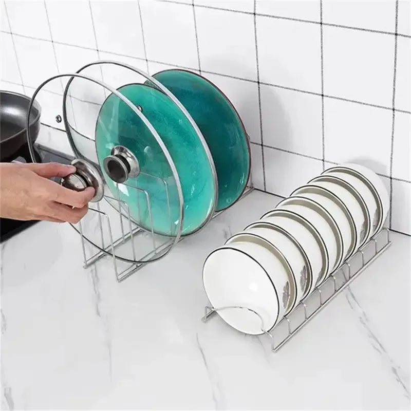 Stainless Steel Dish Rack Kitchen Bowl & Plate Organizer with Pot Lid Holder for Home Cutlery Storage