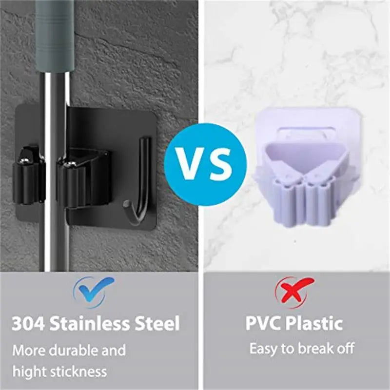 Wall-Mount Mop & Broom Holder – Stainless Steel Storage Hook for Kitchen & Bathroom Organization Heavy-Duty Wall Organizer Rack