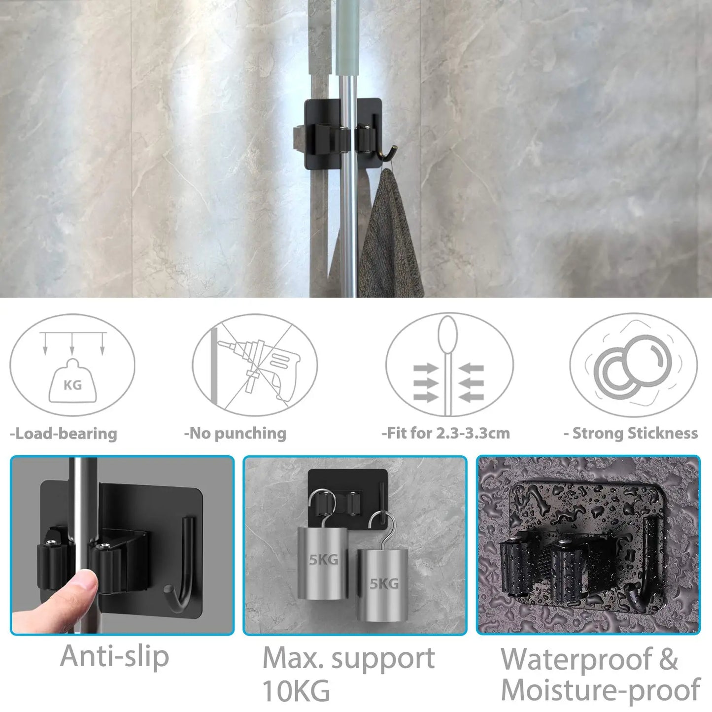 Wall-Mount Mop & Broom Holder – Stainless Steel Storage Hook for Kitchen & Bathroom Organization Heavy-Duty Wall Organizer Rack