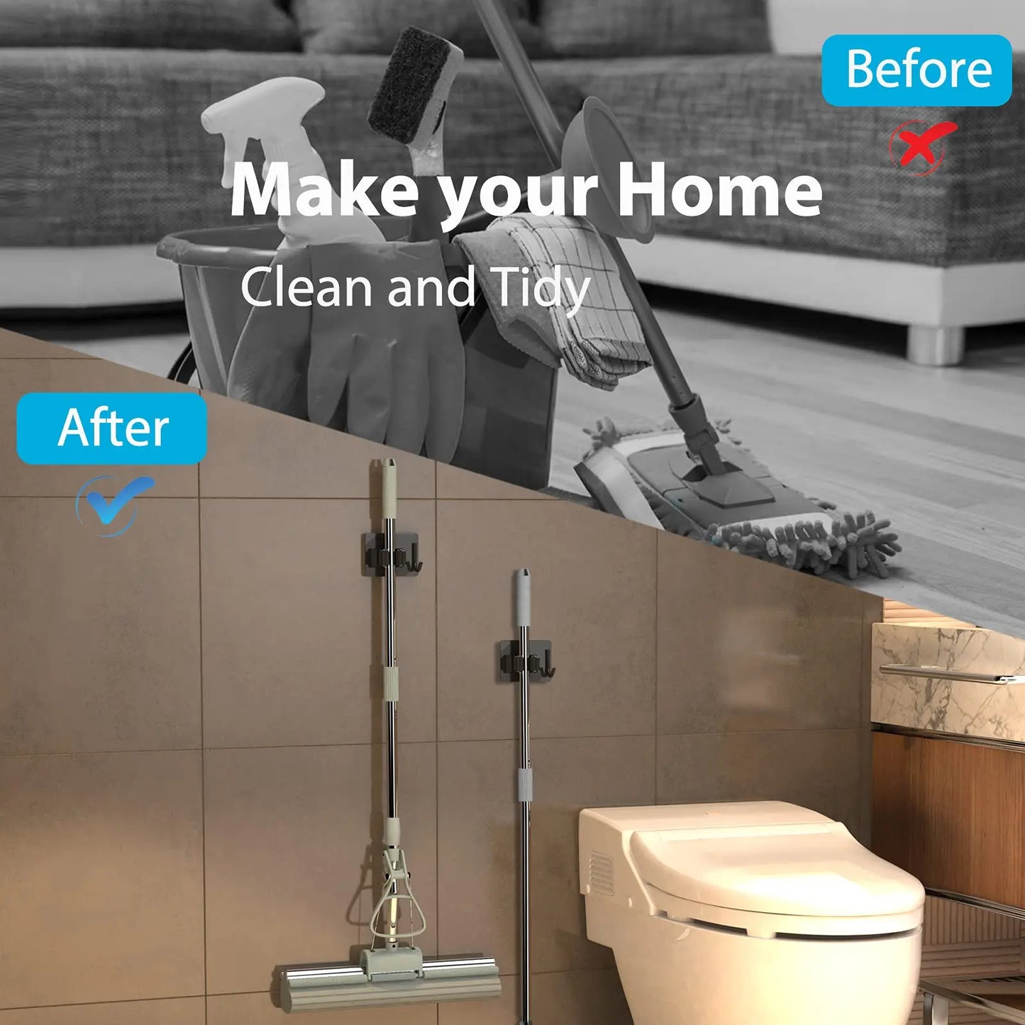 Wall-Mount Mop & Broom Holder – Stainless Steel Storage Hook for Kitchen & Bathroom Organization Heavy-Duty Wall Organizer Rack
