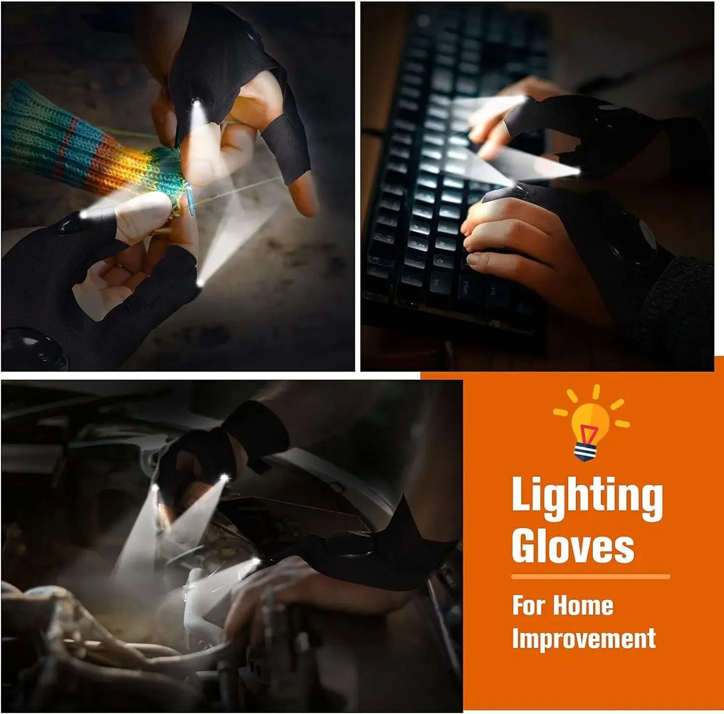 LED Flashlight Half-Finger Gloves Waterproof, Fingerless Light Gloves for Night Fishing, Cycling, Running & Outdoor Use (Unisex)