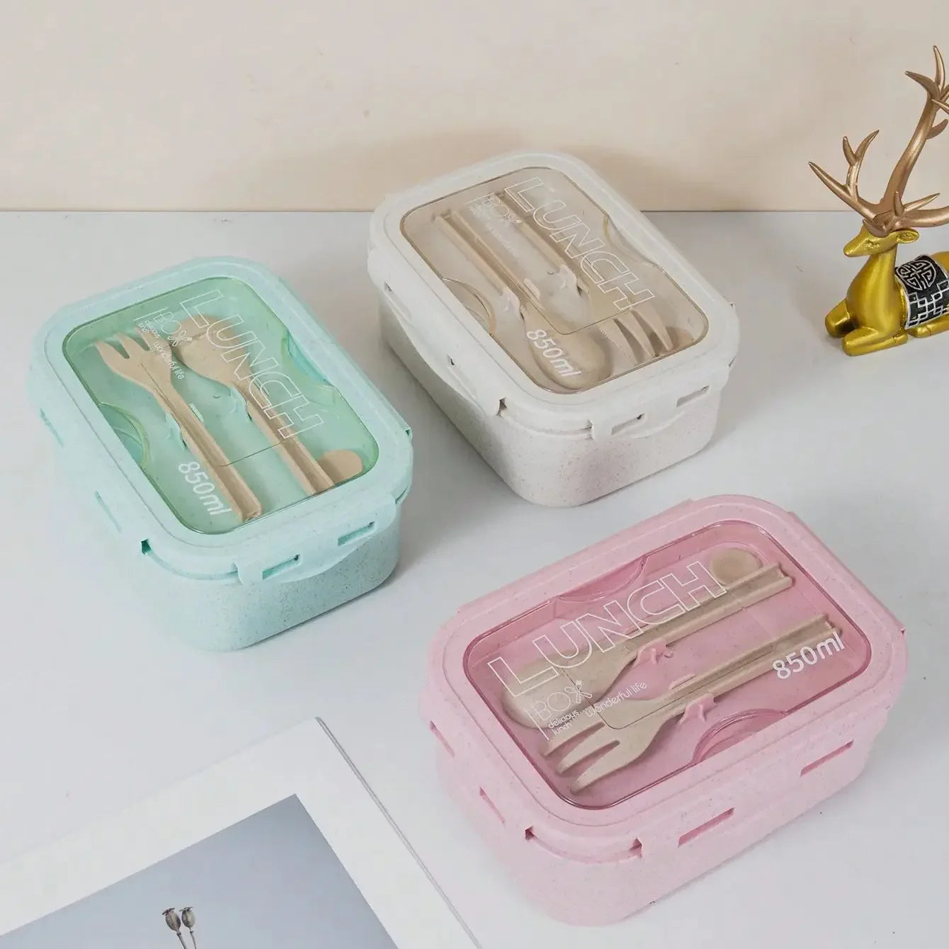 1pc Solid Color Square Cutlery Box with Tableware Leakproof, Divided, Microwave-Safe Lunch Container for Office & School