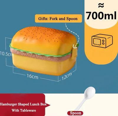 Double Tier Hamburger Lunch Box Cute Burger Bento Box with Fork, Microwave Safe Children’s School Meal Container, Tableware Set & Gift