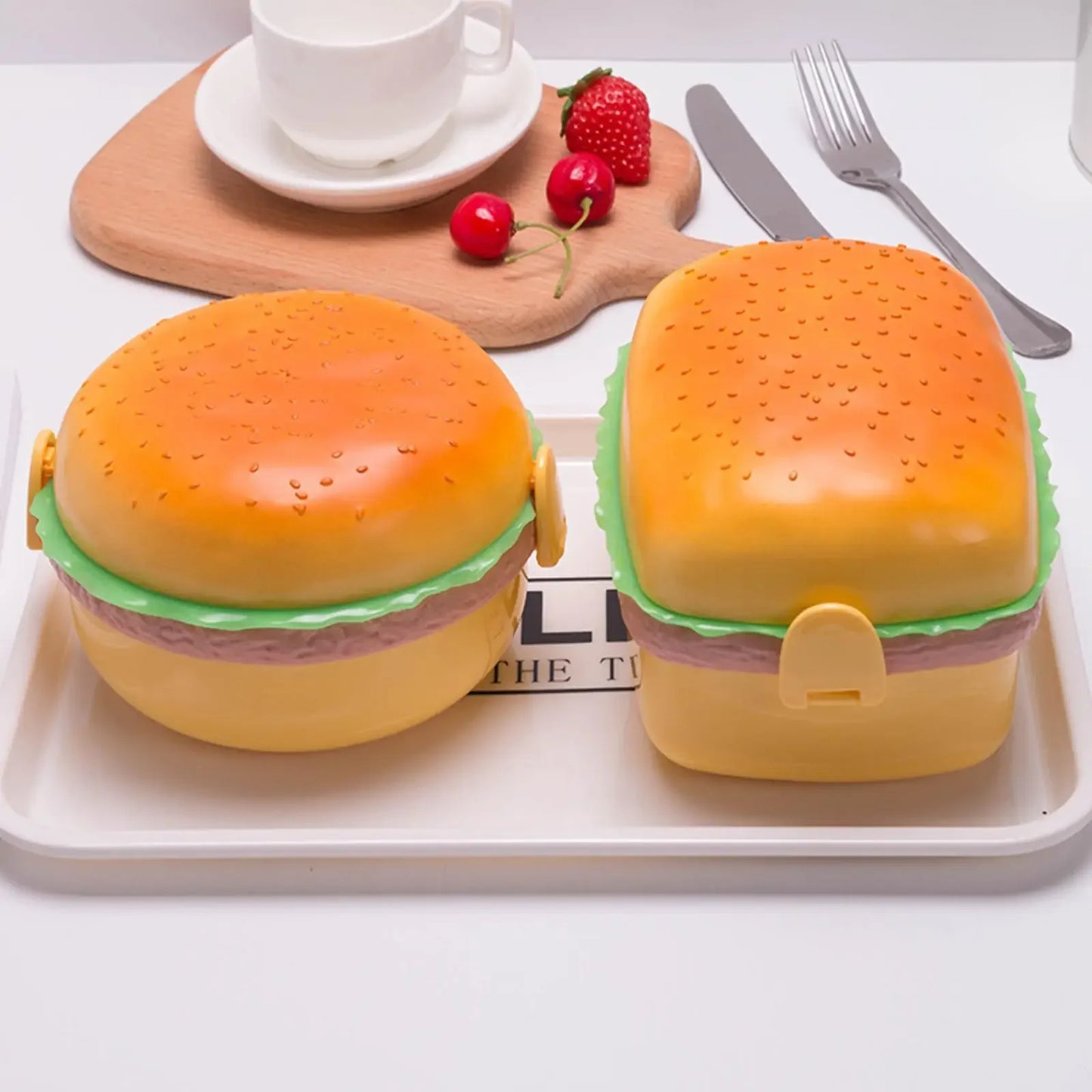 Double Tier Hamburger Lunch Box Cute Burger Bento Box with Fork, Microwave Safe Children’s School Meal Container, Tableware Set & Gift