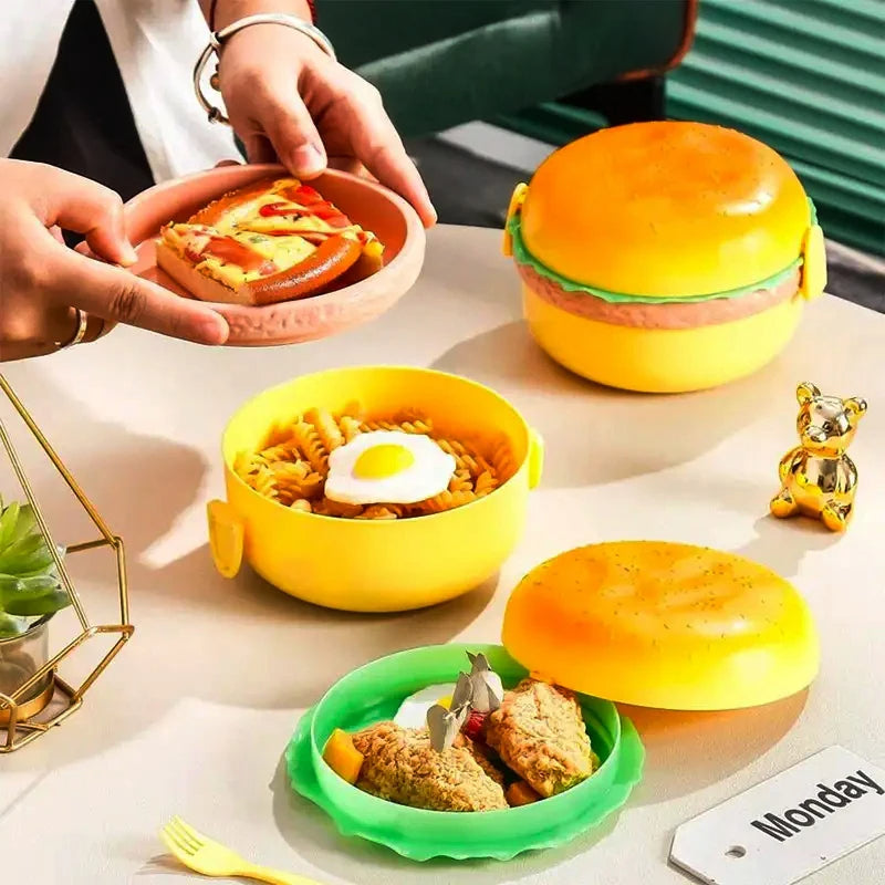 Double Tier Hamburger Lunch Box Cute Burger Bento Box with Fork, Microwave Safe Children’s School Meal Container, Tableware Set & Gift