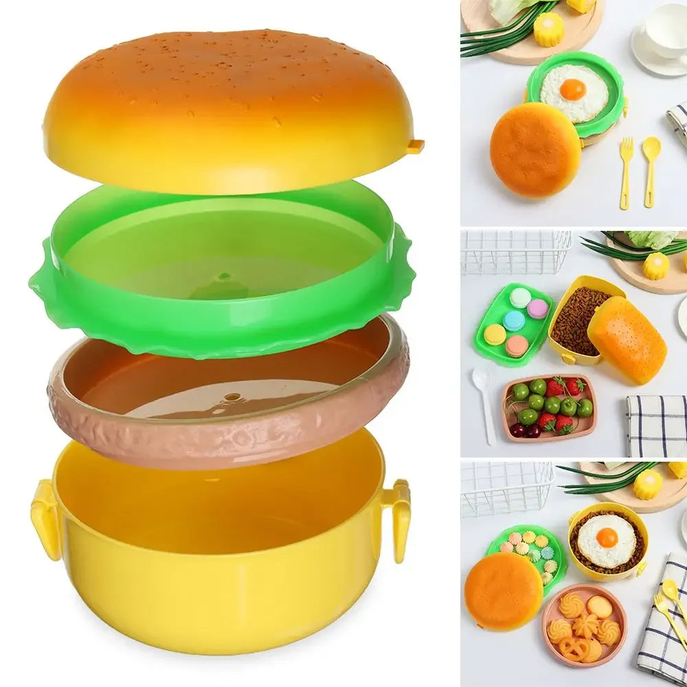 Double Tier Hamburger Lunch Box Cute Burger Bento Box with Fork, Microwave Safe Children’s School Meal Container, Tableware Set & Gift