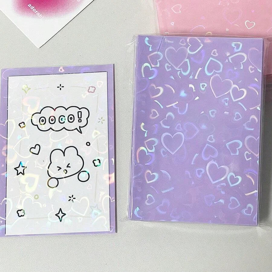 50pcs Laser Heart-Shaped Card Protectors Sparkling Sleeves for ID, School Passes, Photos & Gaming Cards