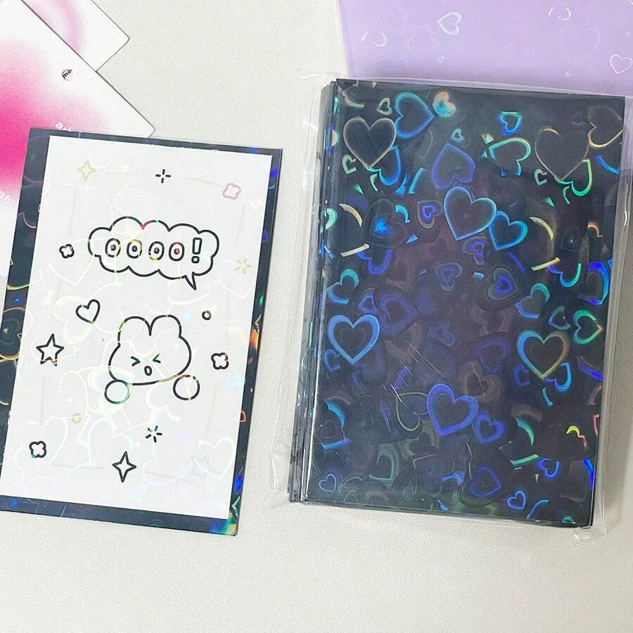 50pcs Laser Heart-Shaped Card Protectors Sparkling Sleeves for ID, School Passes, Photos & Gaming Cards