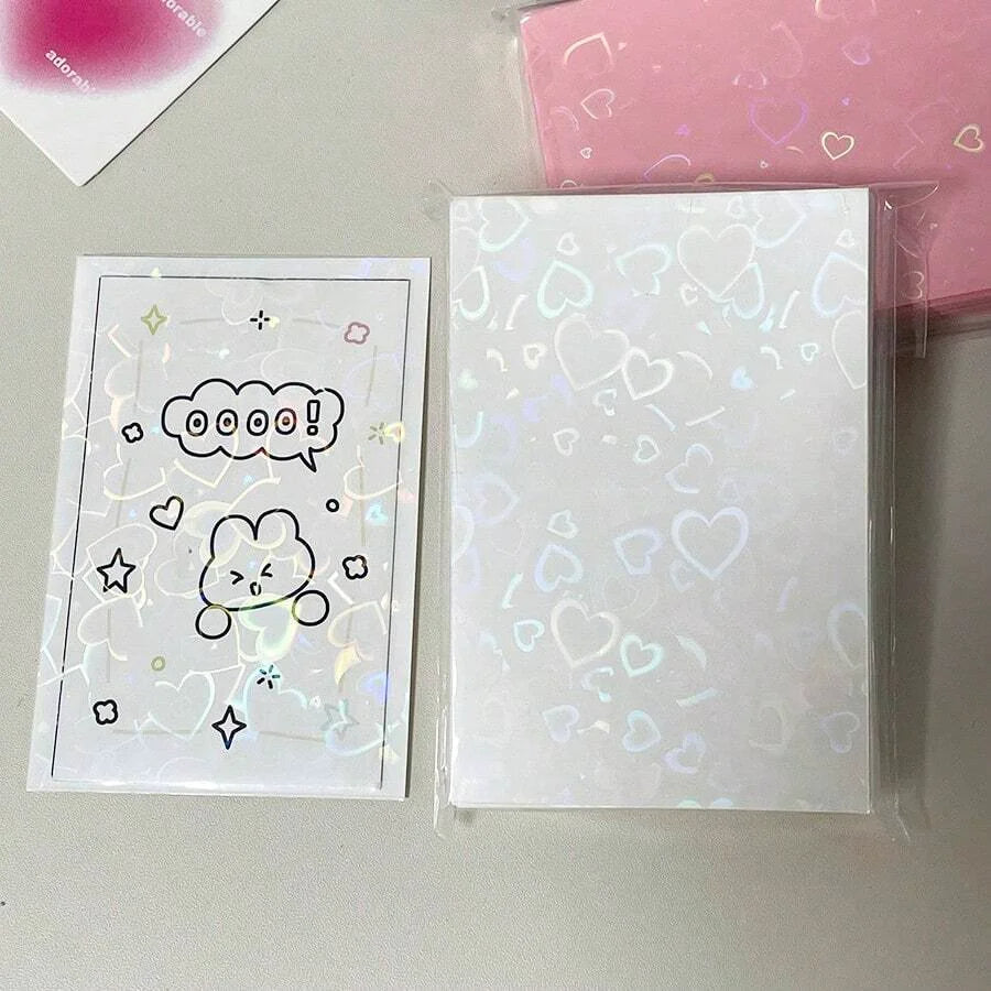50pcs Laser Heart-Shaped Card Protectors Sparkling Sleeves for ID, School Passes, Photos & Gaming Cards