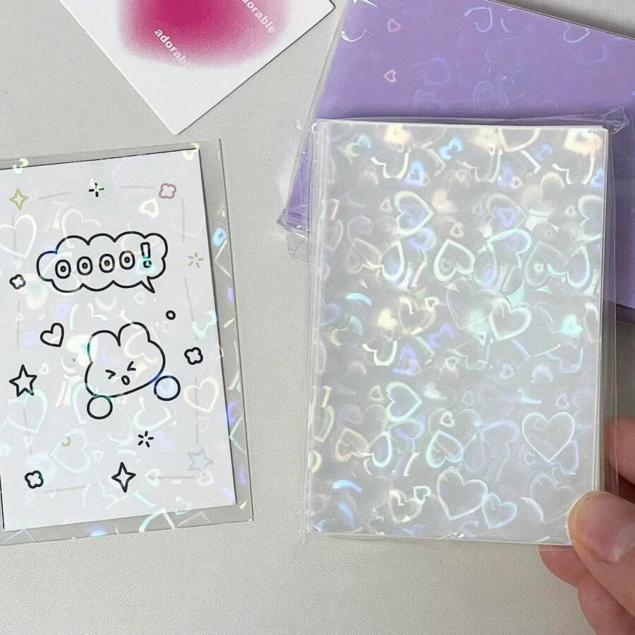 50pcs Laser Heart-Shaped Card Protectors Sparkling Sleeves for ID, School Passes, Photos & Gaming Cards