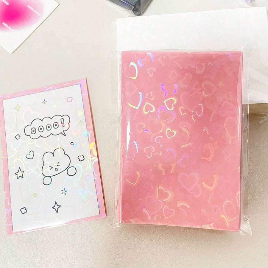 50pcs Laser Heart-Shaped Card Protectors Sparkling Sleeves for ID, School Passes, Photos & Gaming Cards