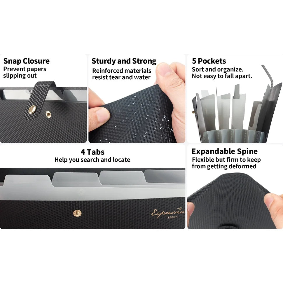 A4 Expanding File Folder 5 Pocket Document Organizer for School & Office Supplies